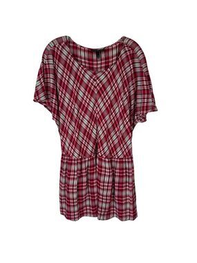 Lane Bryant Blouse Shirt Size 20 Red Brown Plaid Back Tie Summer